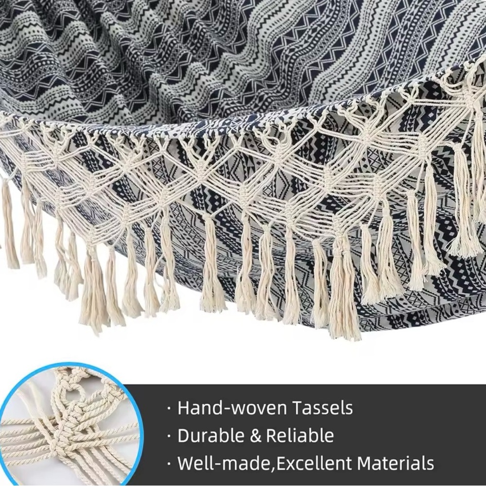 Bohemian Double Hammock Blue Pattern with Tassels, Heavy Duty Rope Fringe-Trim
